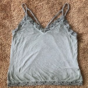 AEO Olive Green Ribbed Cami Lace Trim